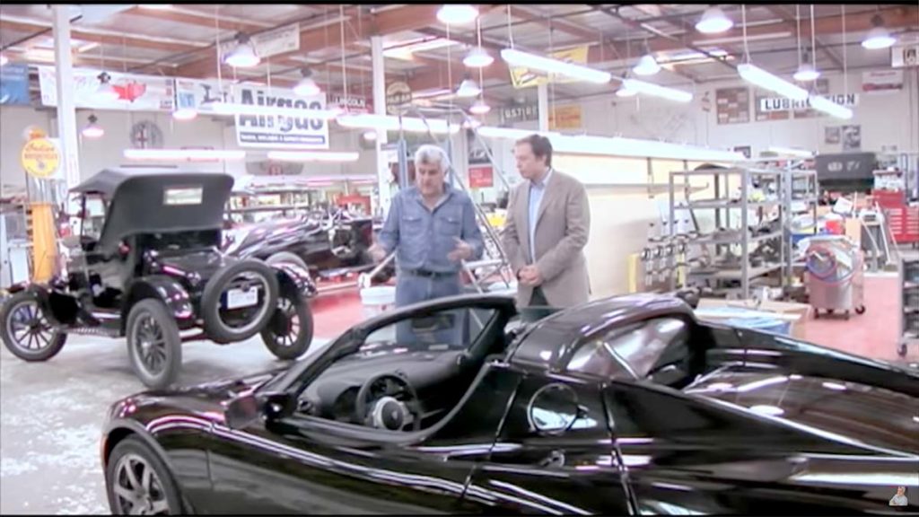 Elon Musk presenting the original Tesla Roadster at the Jay Leno's Garage show from 2008.