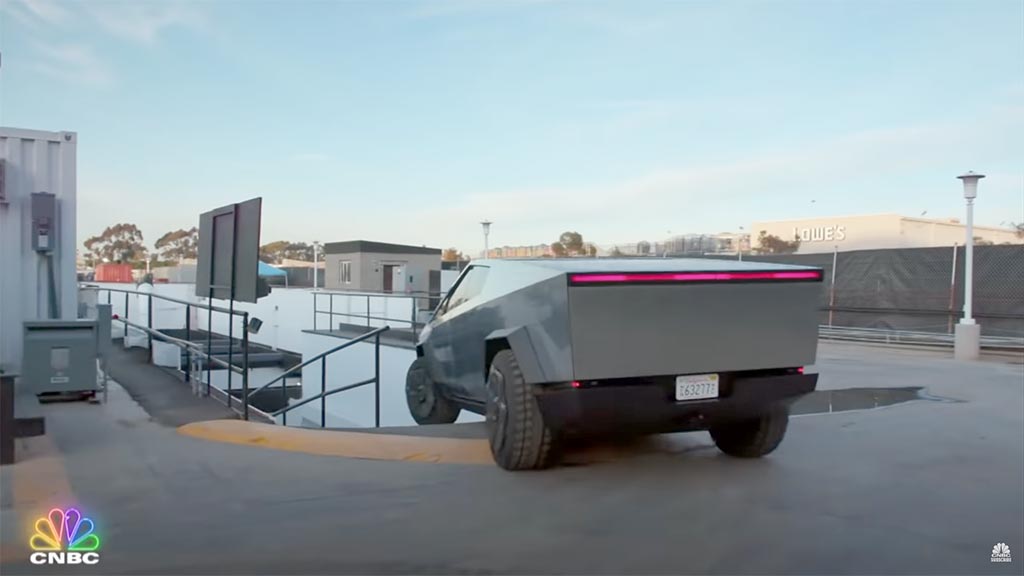 Tesla Cybertruck entering the Boring Company test tunnel at SpaceX HQ.