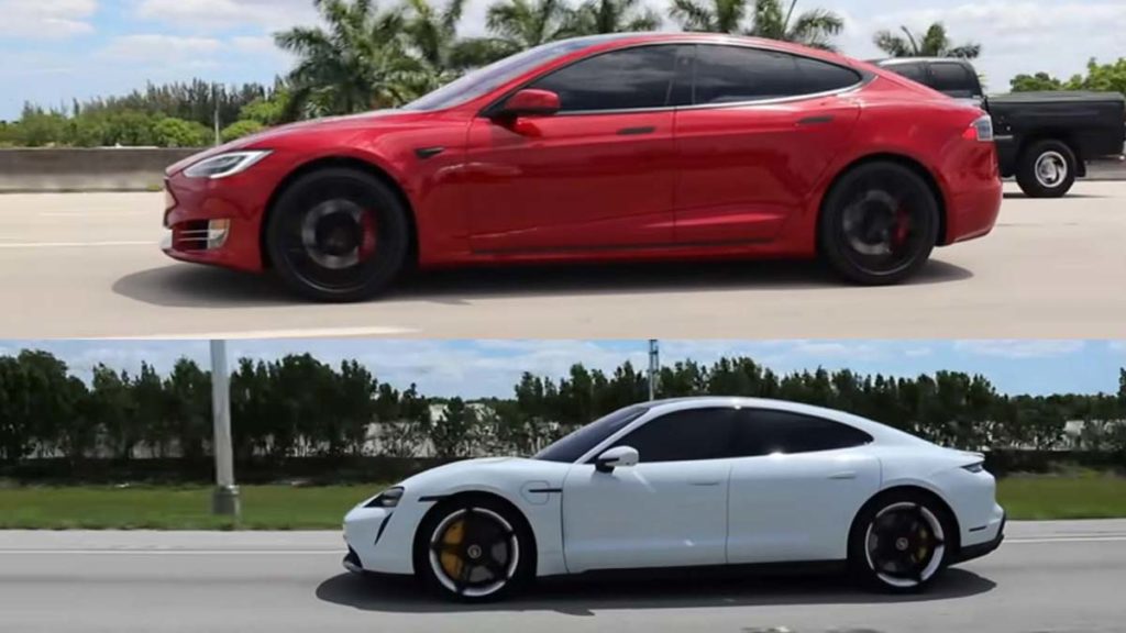 Tesla Model S Performance (Raven) vs. Porsche Taycan Turbo S drag racing.