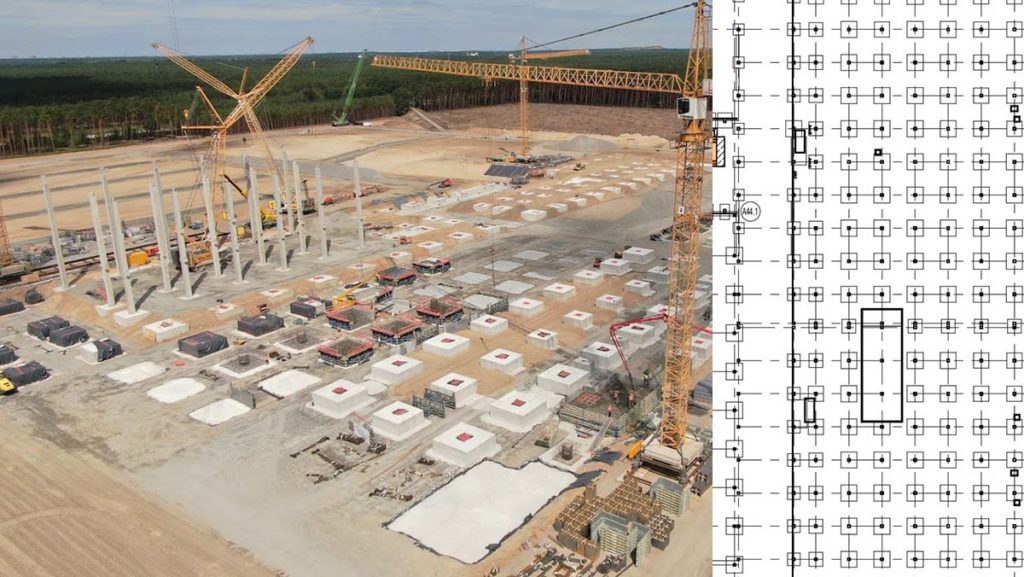 New columns and footings constructed at the Gigafactory Berlin on July 04, 2020.