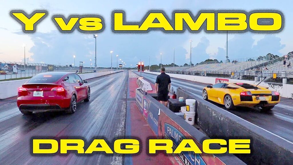 Tesla Model Y vs. Lamborghini Murcielago drag race video.