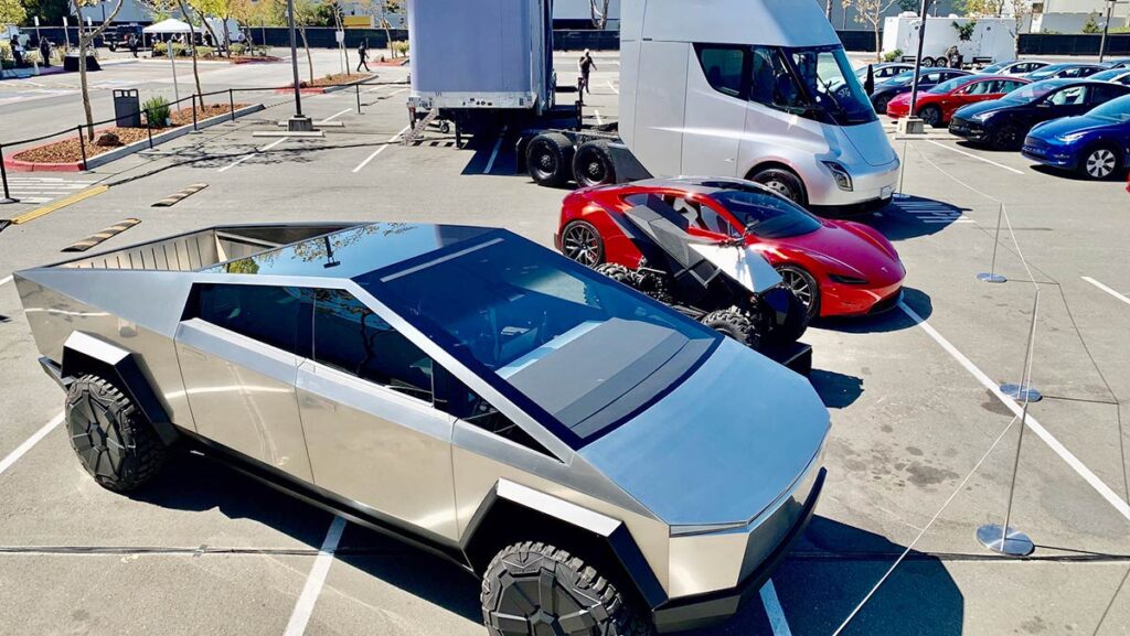 Tesla Cybertruck, ATV, Roadster, and Tesla Semi at the Battery Day event.