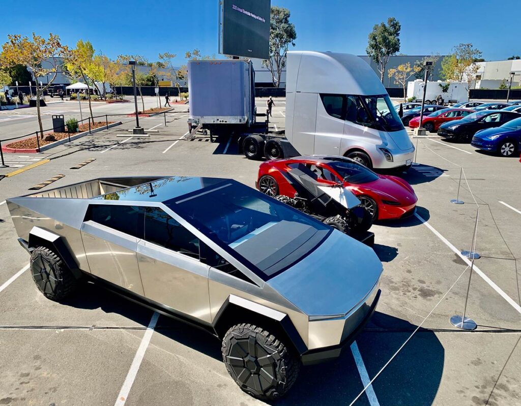 Tesla Cybertruck, Electric ATV, Tesla Roadster,  and Tesla Semi at the Battery Day event.