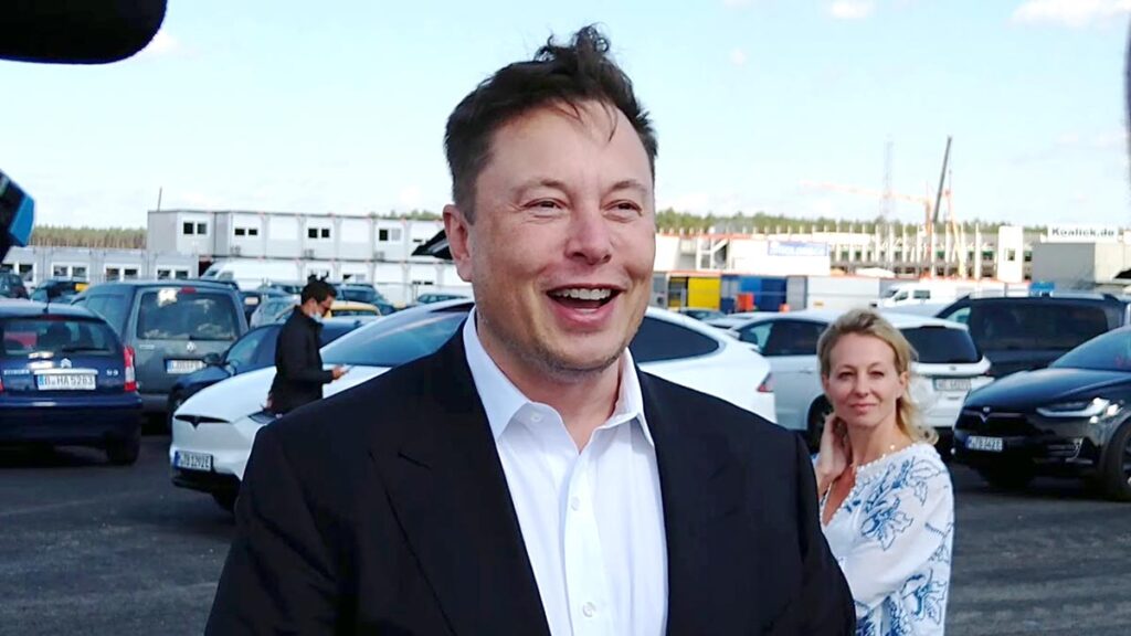 Elon Musk taling to media at Gigafactory Berlin on his visit to Germany.