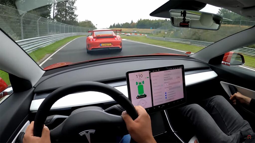 Modified Tesla Model 3 Performance racing at the Nürburgring track (video).