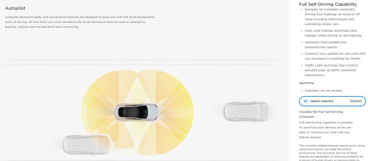 Tesla online car configurator now shows the Autopilot FSD price at $10,000.