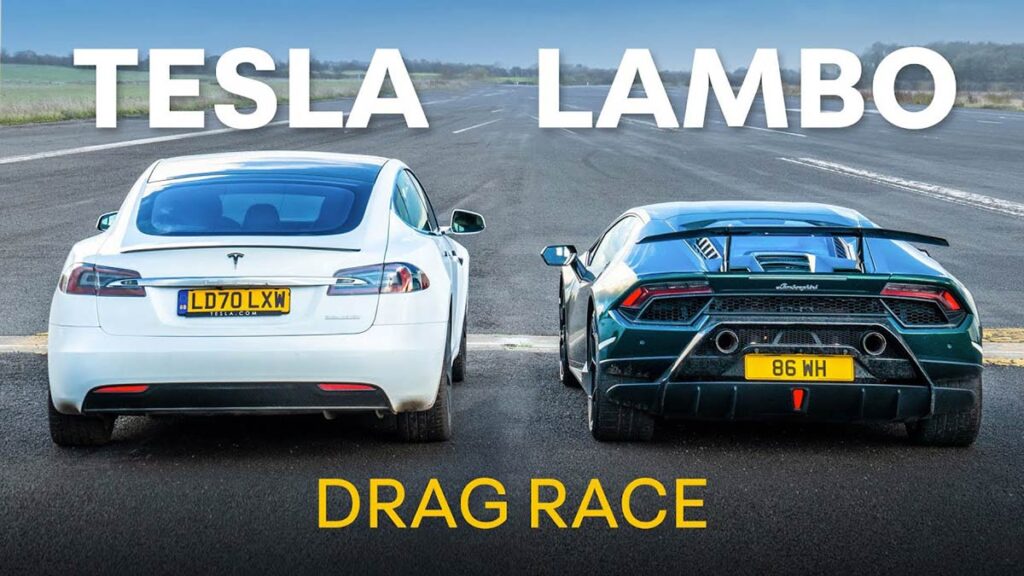 Tesla Model S Performance vs. Lamborghini Huracan Performante drag race.