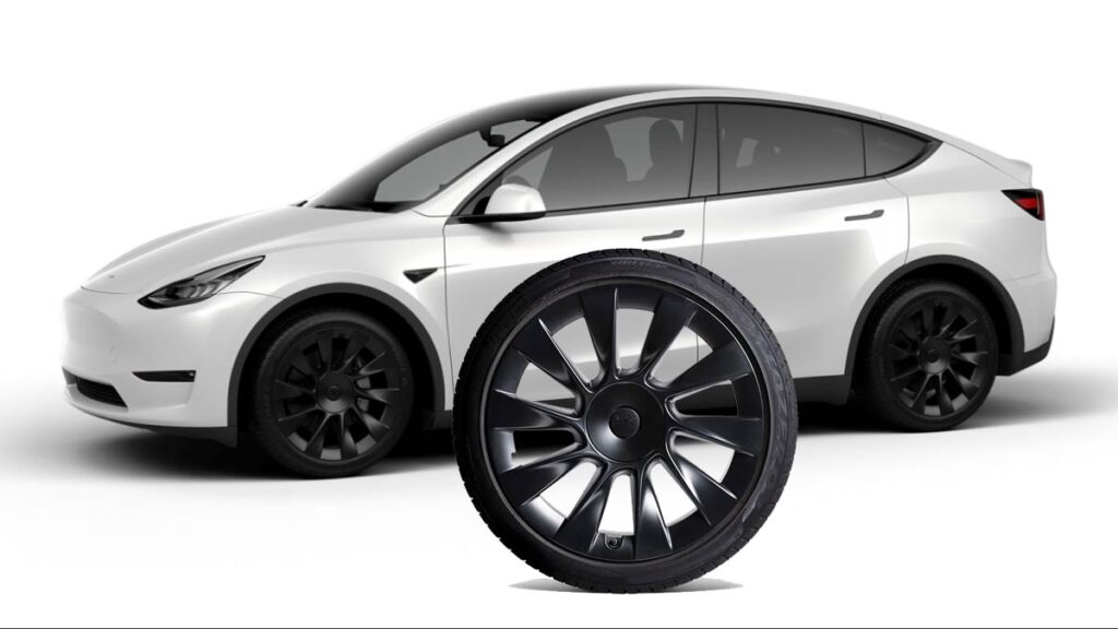 Tesla Model Y induction wheel with winter tire package.