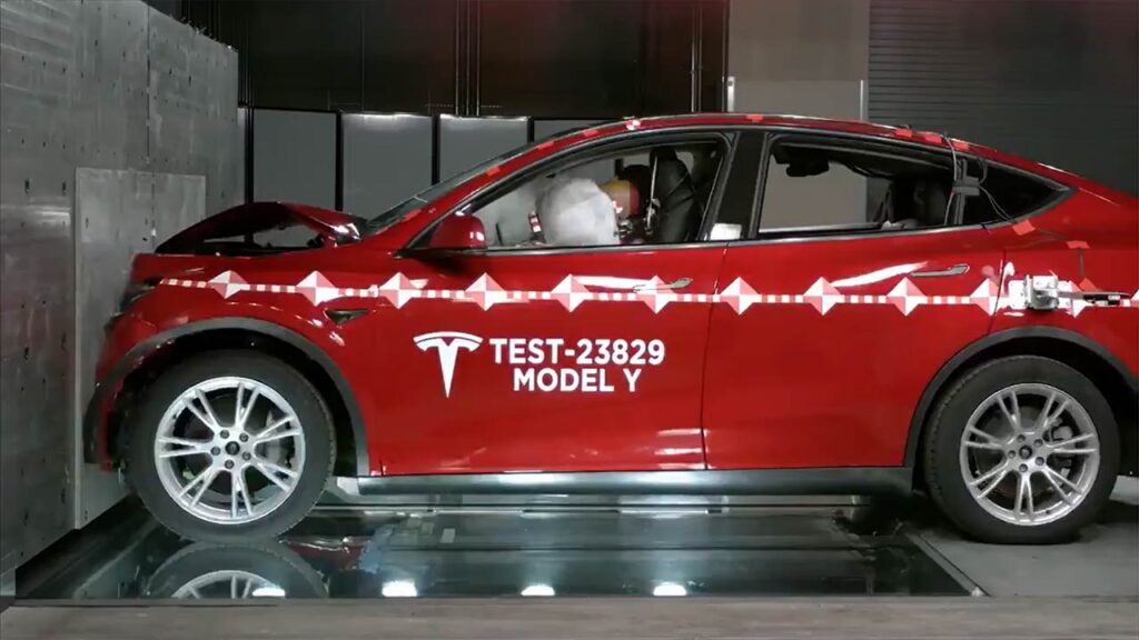 Tesla Model Y tested for crash safety by the NHTSA (rollover test in the picture, full video in the article).