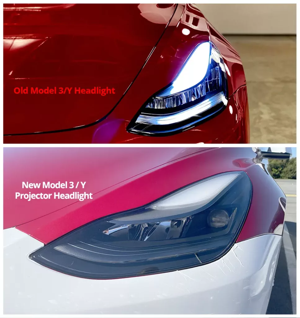 Visual comparison: New vs. the old Tesla Model 3/Y headlights.