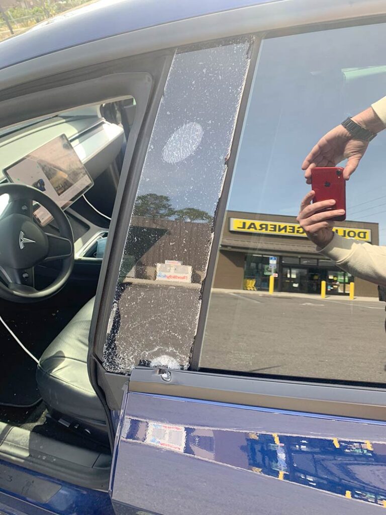 Carjacker shot at Younce's Tesla Model 3, the bullet hit the car just under the B-pillar.