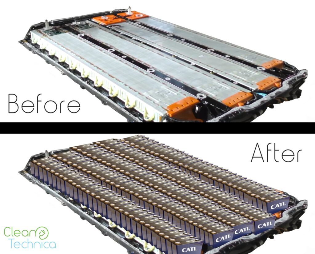 Side-by-side comparison of the Model 3 battery pack with 2170 cell modules (above) and CATL LFP prismatic batteries (below).