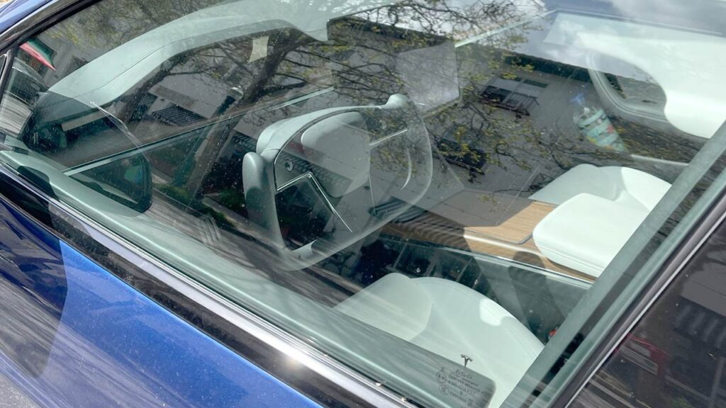 Blue Tesla Model S refresh with Yoke steering wheel spotted in Santa Cruz, California.