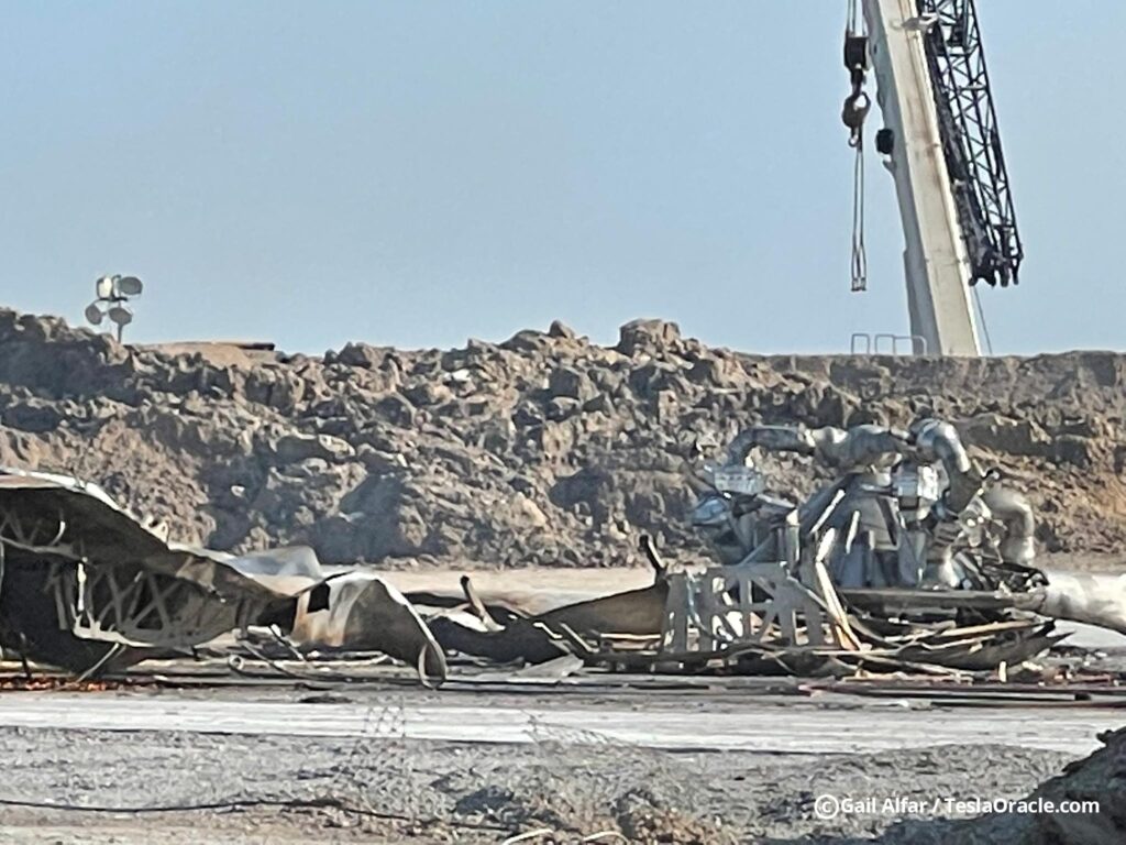 Starship SN10 and Raptor engine remains at the SpaceX Boca Chica Launch Facility.