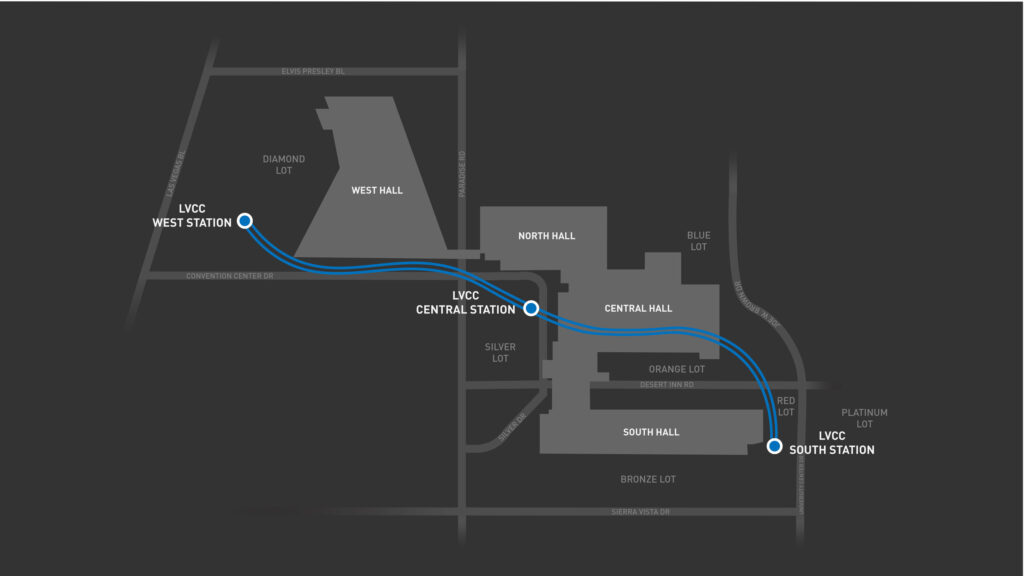 Las Vegas Convention Center loop tunnel map (South, Central, and West station locations marked).