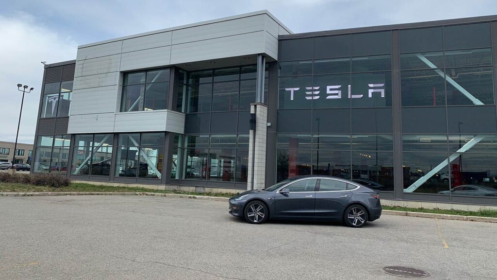 Tesla Model 3 outside the Tesla Store in Ontario, Canada.