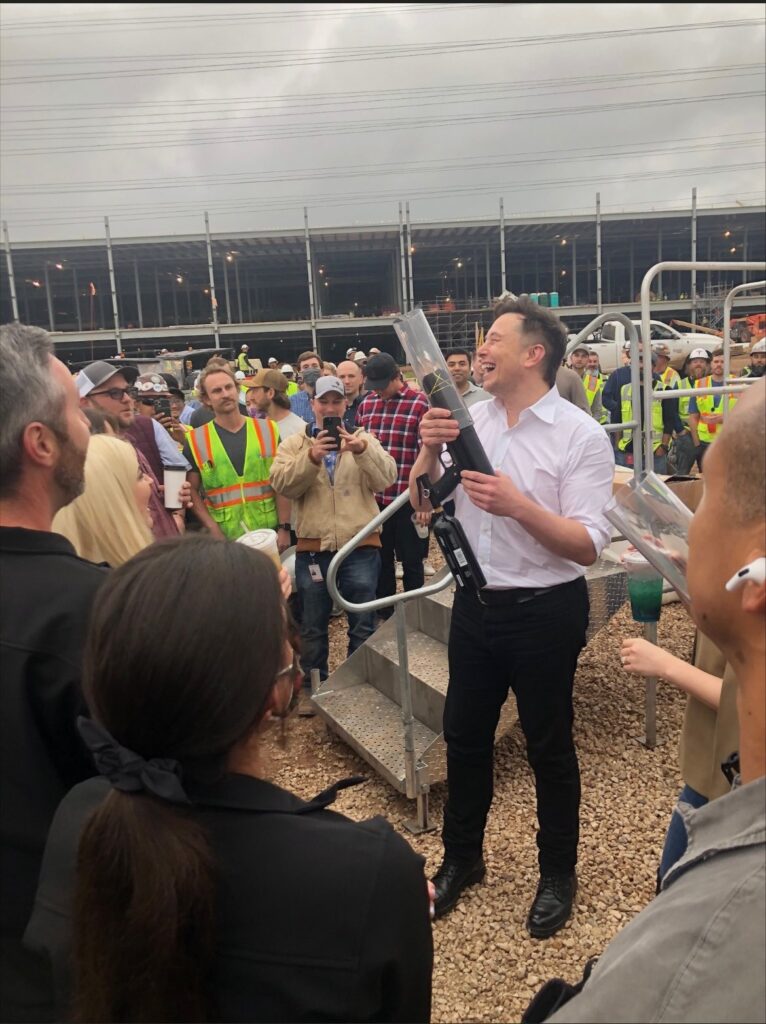 Elon Musk having a great time with Giga Austin employees.