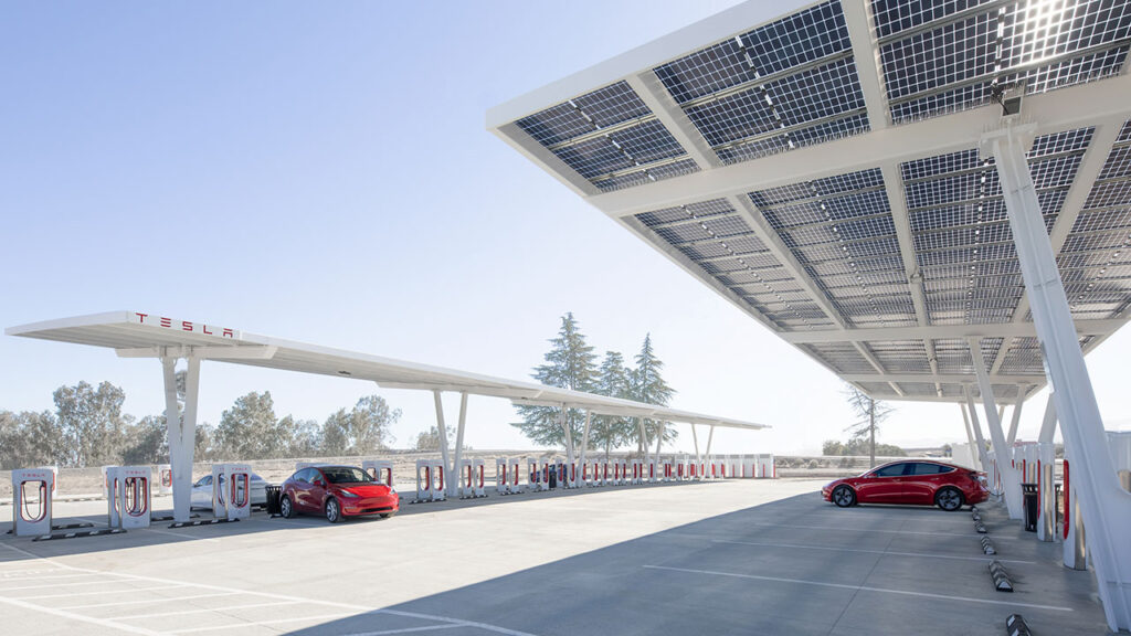 Tesla Supercharger station at Firebaugh, California.
