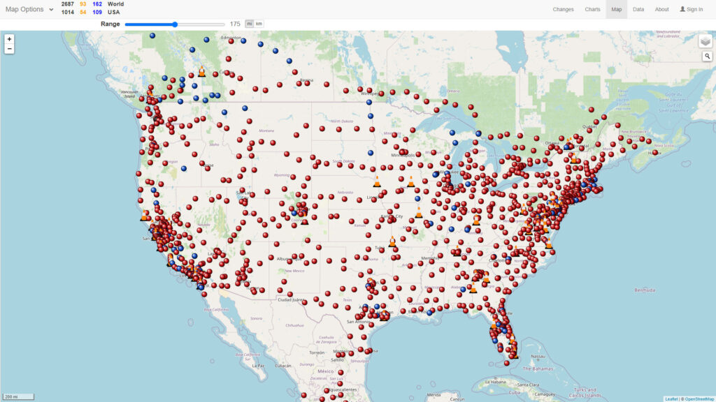 Image of the U.S. Tesla Supercharger map locations as of 7th April 2021.