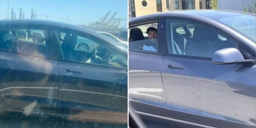 Side-by-side photos of the Tesla Model 3 without the driver (right) and the driver sitting in the backseat (left).