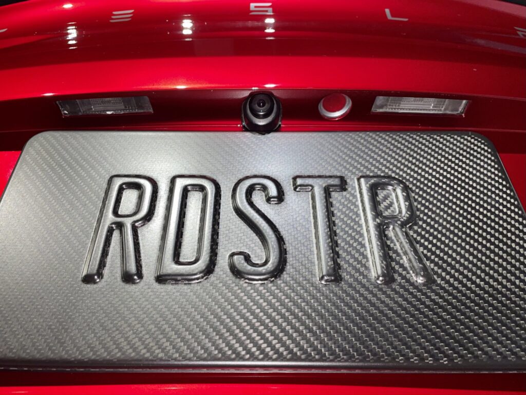 Tesla Roadster prototype license plate saying RDSTR.