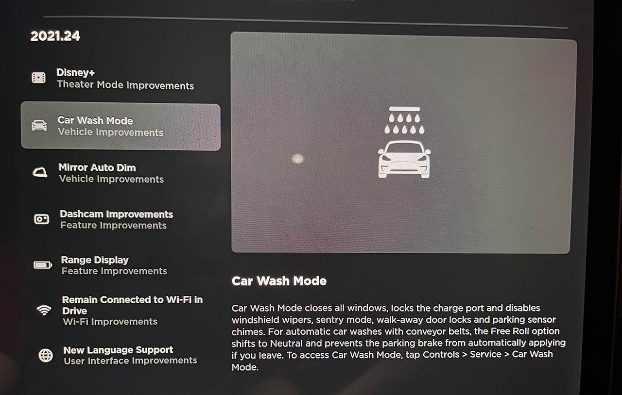Tesla Car Wash Mode release notes (2021.24).
