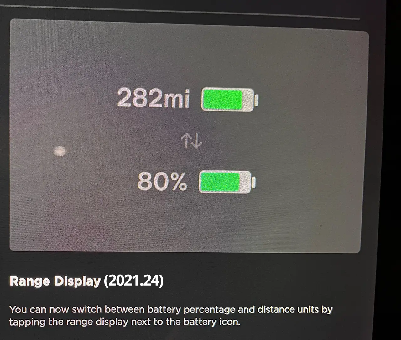 Tesla software version 2021.24 release notes for Range Display.