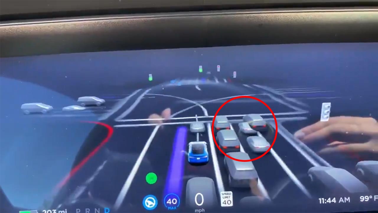 FSD Beta V9 driving visualization rendering shows taillights of surrounding vehicles (details and video in the article).