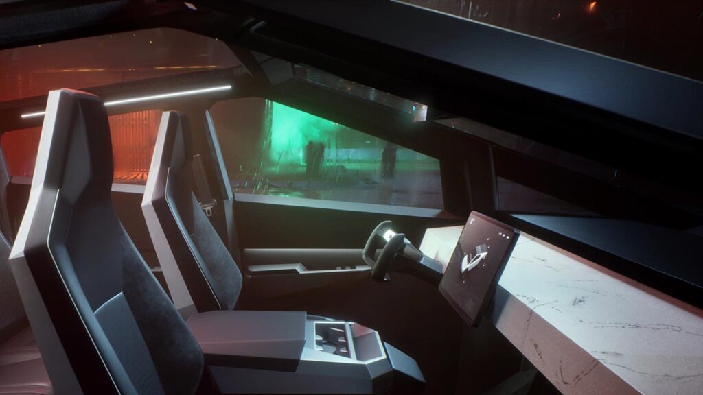 Tesla Cybertruck interior (yoke steering, screen, dash, center console, and front seats).
