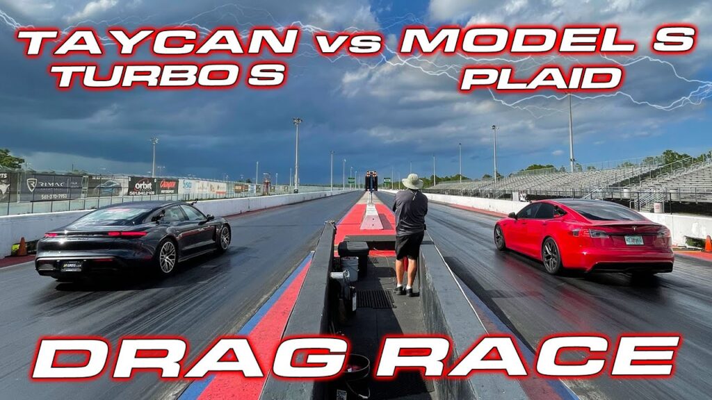 Tesla Model S Plaid vs. Porsche Taycan Turbo S drag race (video in the article).