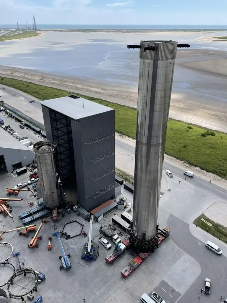 Aerial photo of the Super Heavy Booster 4 rocket at the SpaceX Boca Chica launch site.