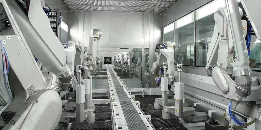 A view inside the Tesla Gigafactory Berlin paint shop with robots standing by to start painting Tesla cars.