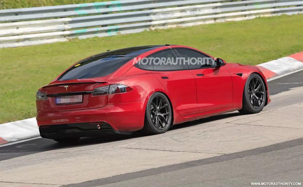 Tesla Model S Plaid at the Nurburgring race circuit Germany. Equipped with special wheels and wider tire compared to production version.