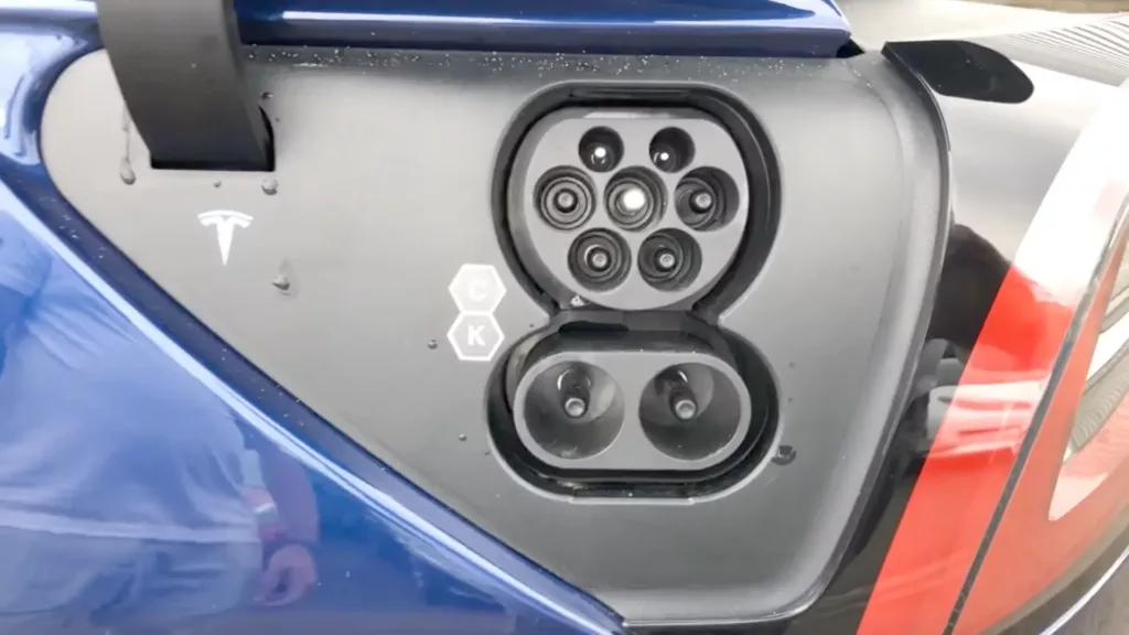 CCS2 charging port on the European Tesla Model Y electric SUVs.