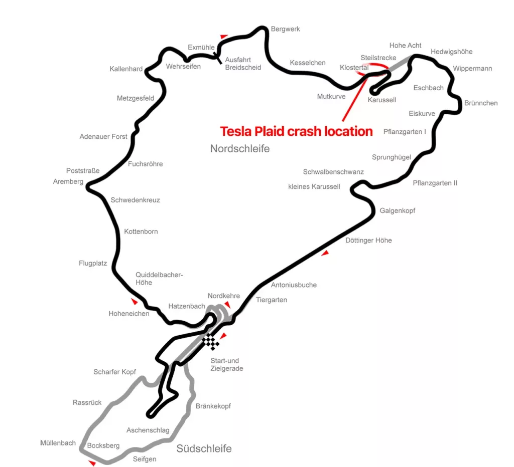 Nurburgring race circuit diagram with the Tesla Model S Plaid crash location marked at the Klostertal area.