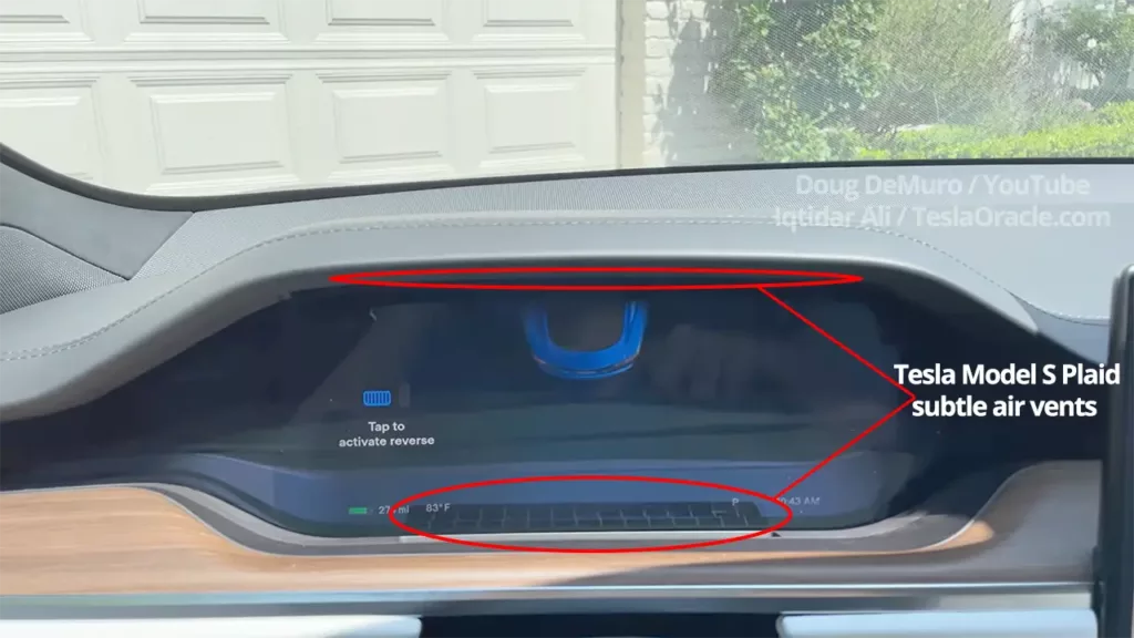 Driver side air vents on the 2021 Tesla Model S dashboard.