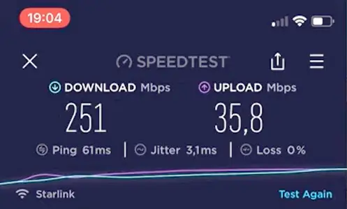 Starlink internet connection speed test results in Belgium.
