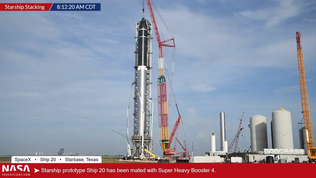 Starship SN20 prototype stacked on the Super Heavy Booster 4 rocket prototype at the SpaceX launch site in Starbase Boca Chica, Texas.