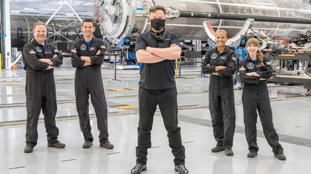 SpaceX CEO Elon Musk with the Inspiration4 civilian crew before the orbital launch.