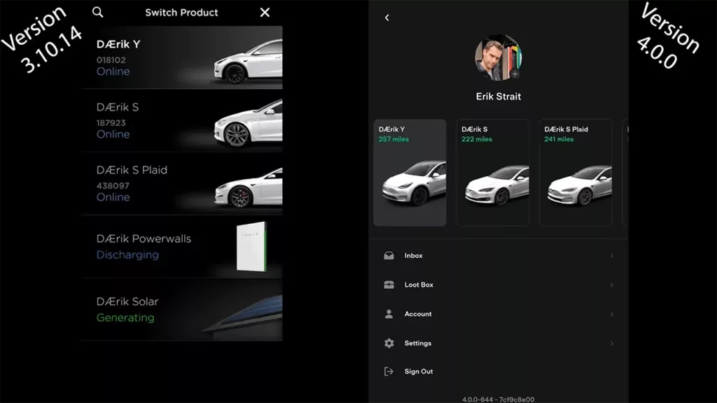 Switching between multiple owned Tesla vehicles in Tesla mobile app version 3.0 vs. 4.0.