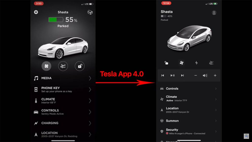 Tesla Mobile App interfaces side-by-side: Ver 3.10 (left) and the new Ver 4.0 (right).