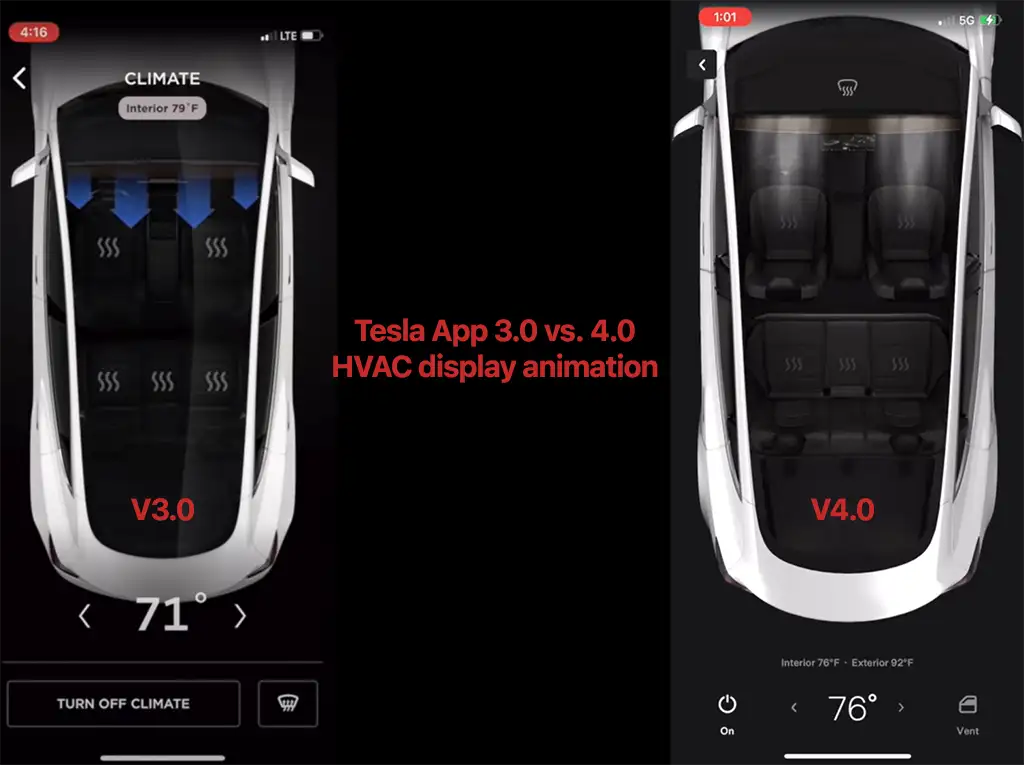 Tesla App V3.0 vs. V4.0 HVAC display animation in a Tesla Model 3.