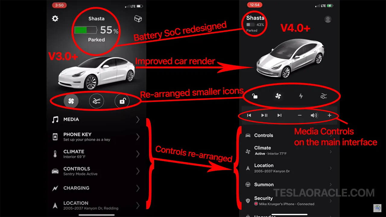 UI differences between Tesla mobile app version 3.0 vs. 4.0.