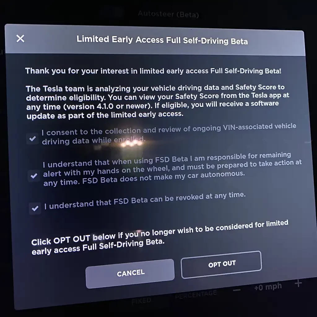 Tesla message and terms of use after pressing the Request Full Self-Driving Beta button.