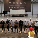 Tesla workers celebrating groundbreaking of the Tesla Megafactory in Lathrop, California.
