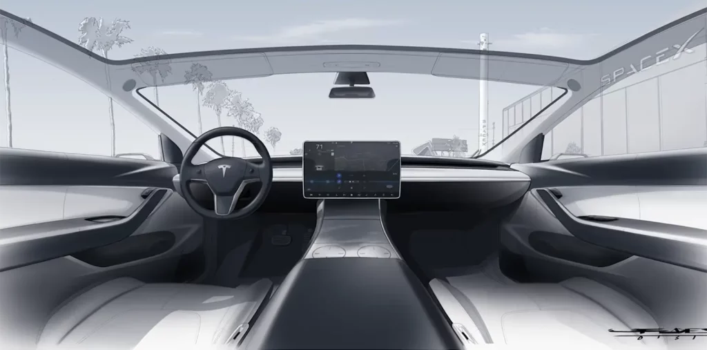 Tesla Model Y interior concept sketch showing windshield, front side windows, and the expansive glass roof.
