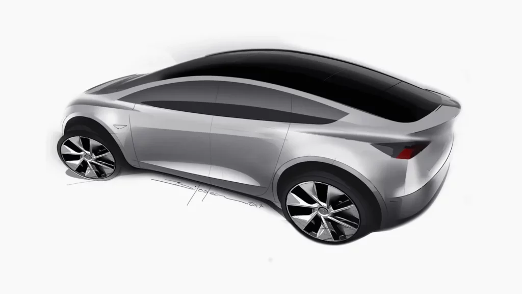 Tesla Model Y exterior design concept sketch showing the full glass roof from the outside.