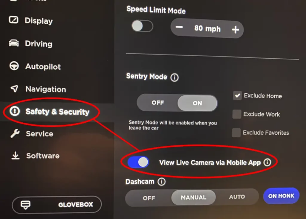 Steps to turn on the Sentry Mode Live Camera Access feature from the car.