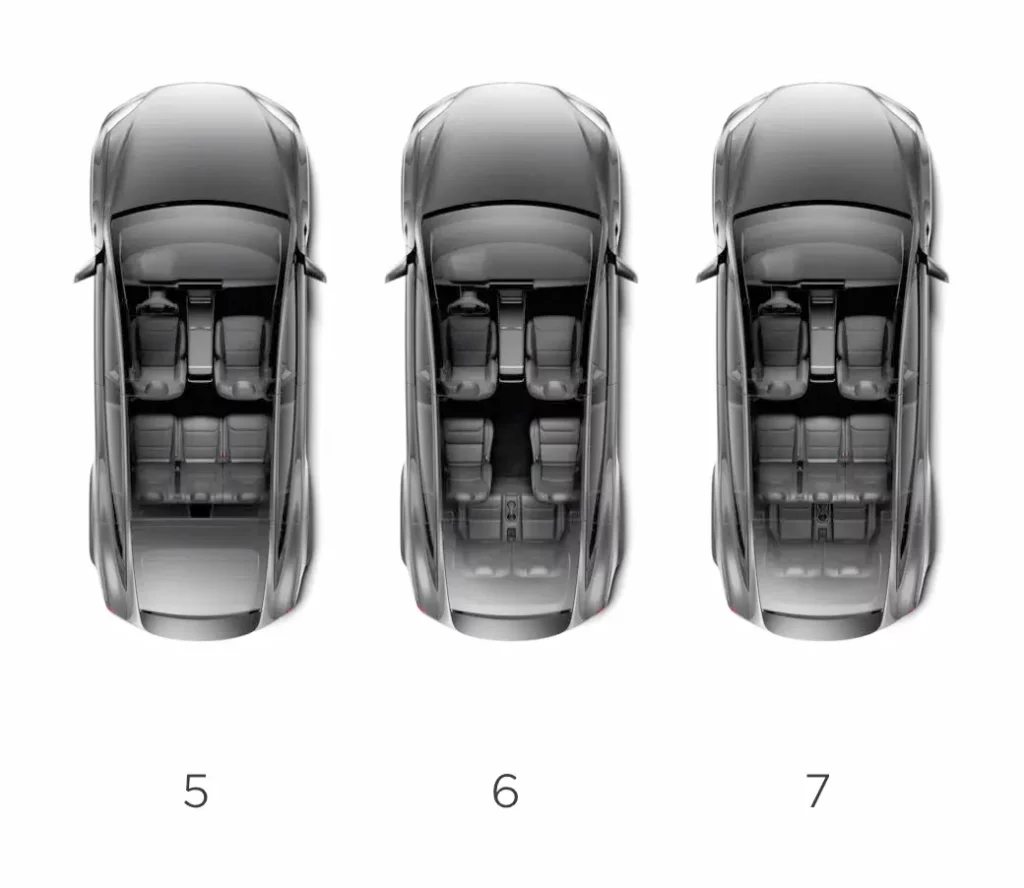 5, 6, and 7 seat configurations of the 2021 Tesla Model X interior. 