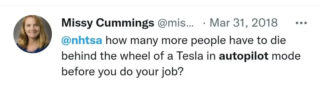 Missy Cummings tweet from 2018 urging NHTSA to take action against Tesla.